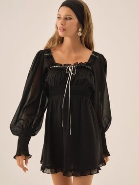 $198 NWOT For Love And Lemons “Emmie” Chiffon Mini Dress in Black Sz Small